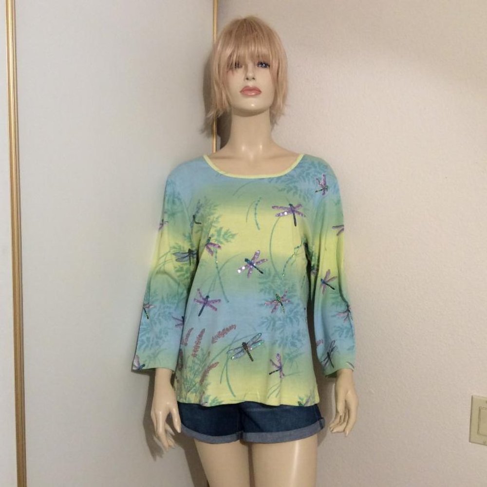 NWOT Dragonfly print 100% cotton top long sleeves pastels sequins Women Size XL - Picture 2 of 7